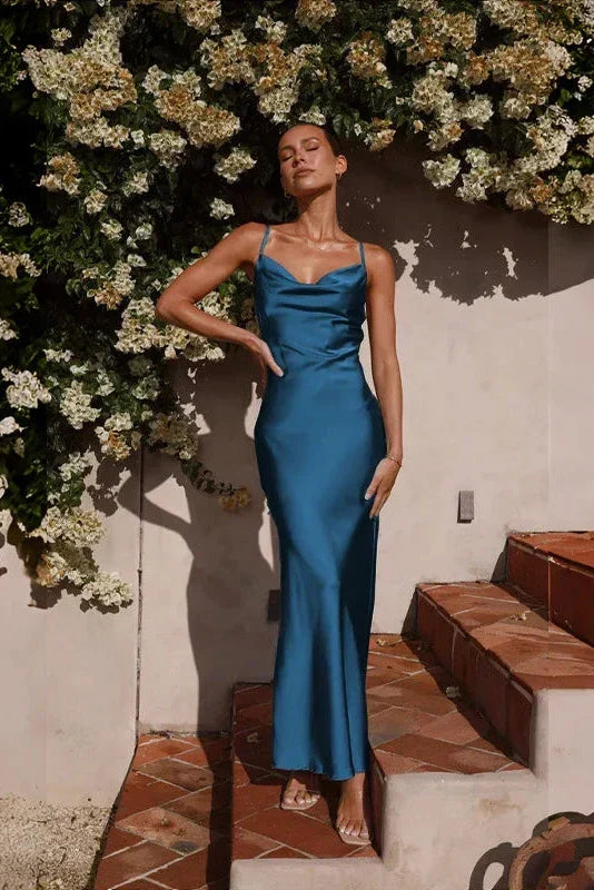 Satin Spaghetti Strap Cowl Neck Bias Cut Slip Midi Dress - View 4