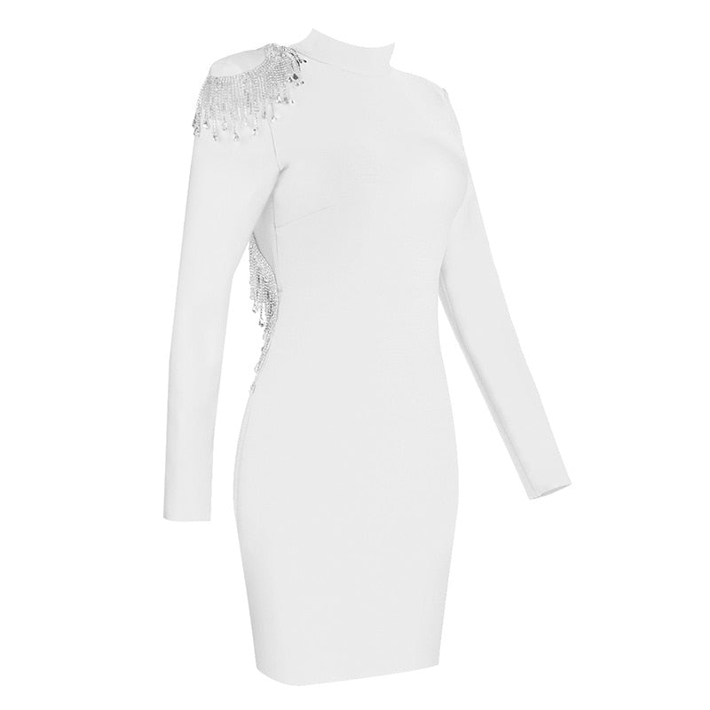 Mock Neck Long Sleeve Backless Rhinestone Fringe Bandage Mini Dress 29