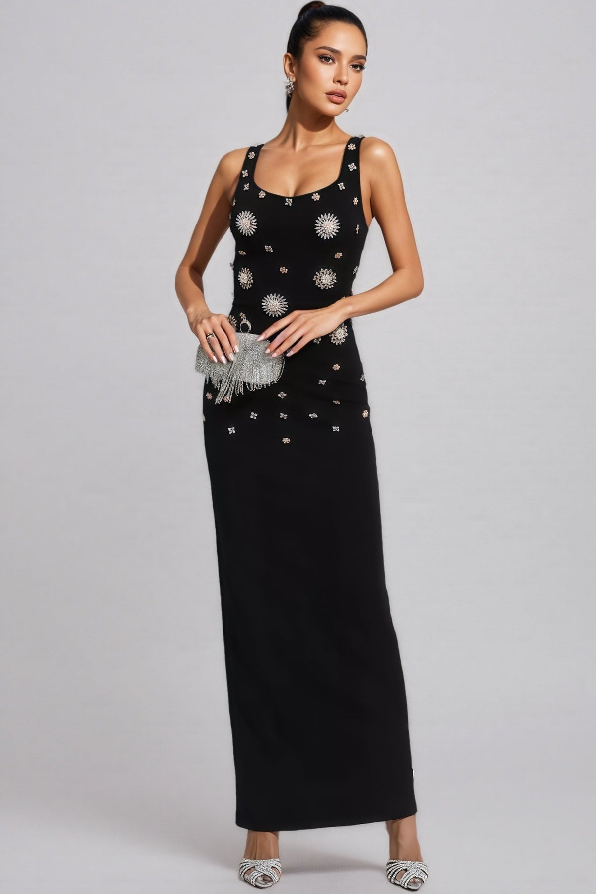 Rhinestone Sunburst Scoop Neck Sleeveless Column Maxi Gown - View 3