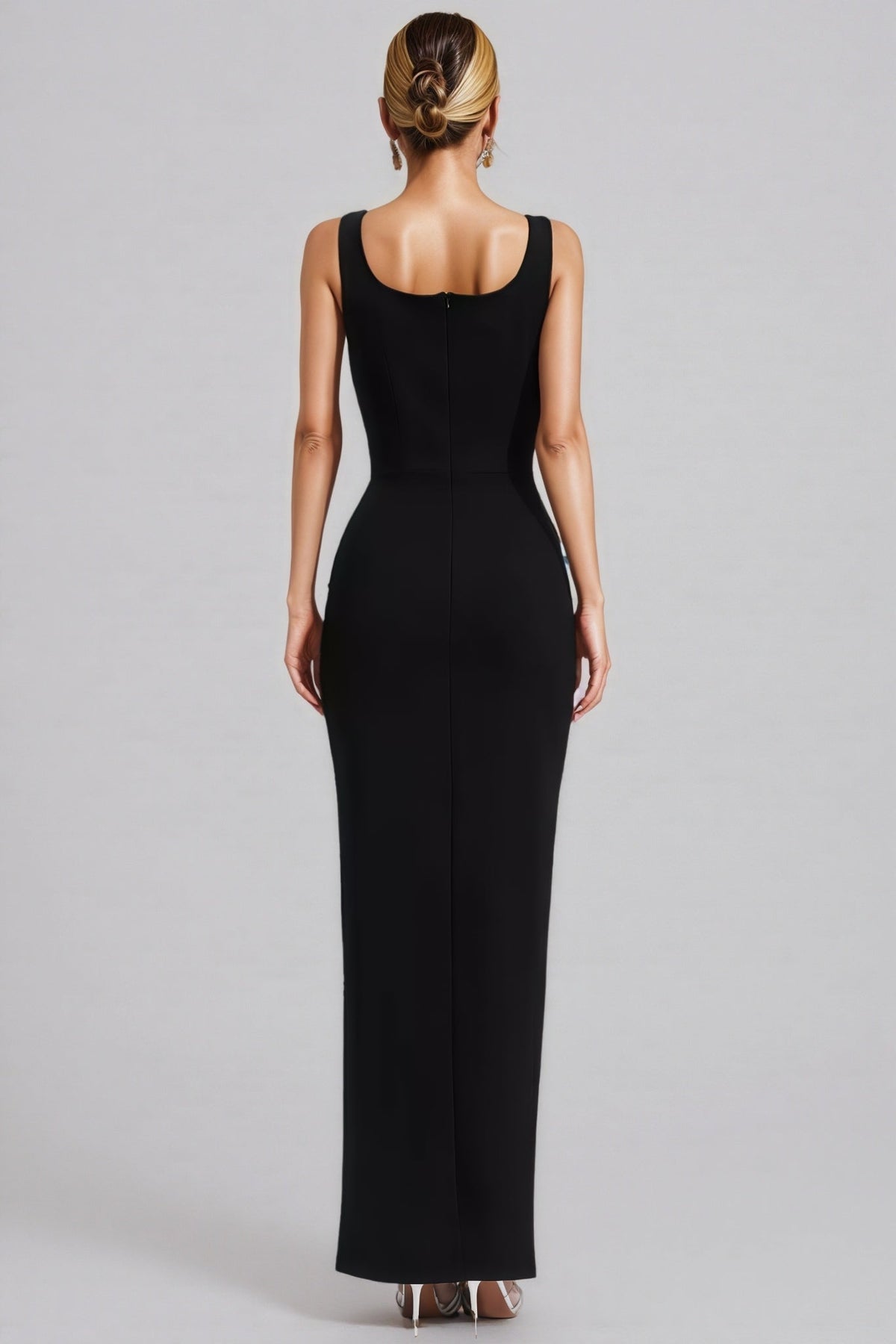 Rhinestone Sunburst Scoop Neck Sleeveless Column Maxi Gown - View 6