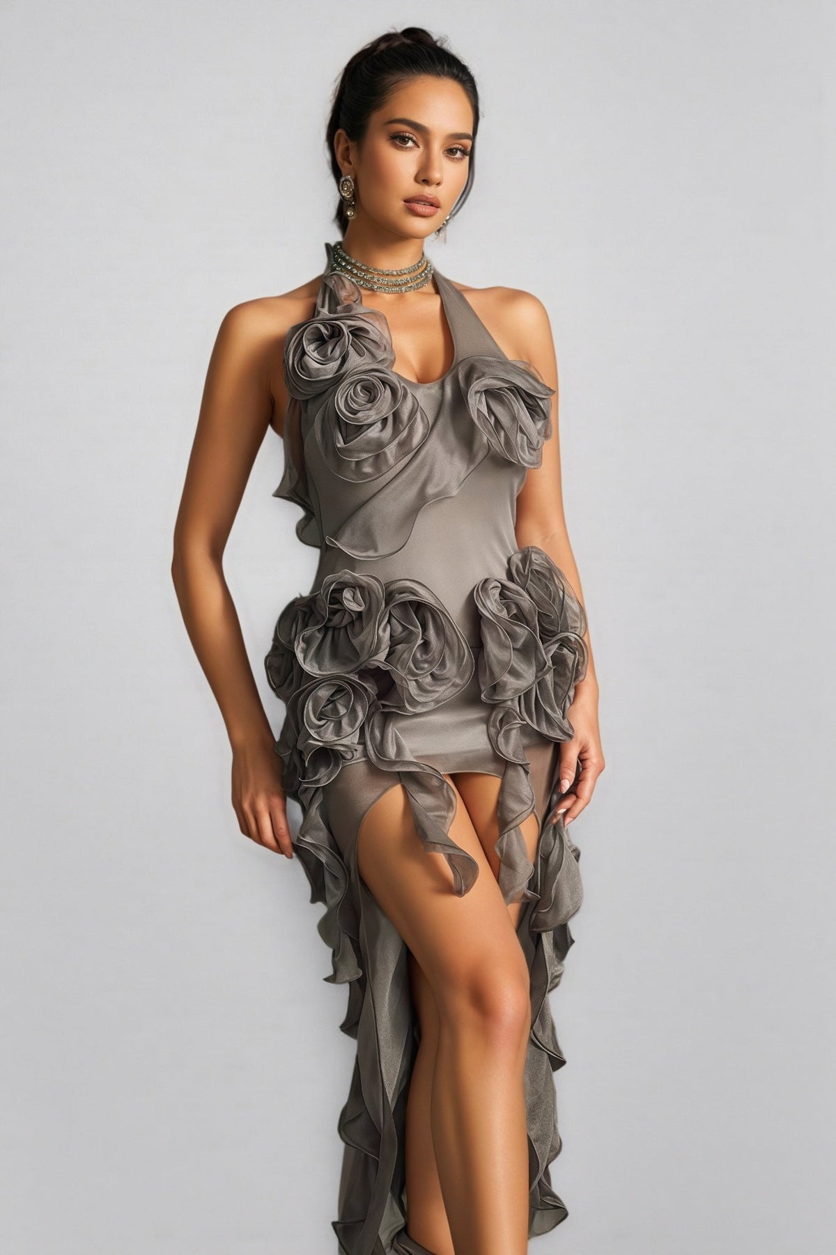 Halter Neck Rosette Ruffle Sheer Mesh High Low Mini Dress - View 6