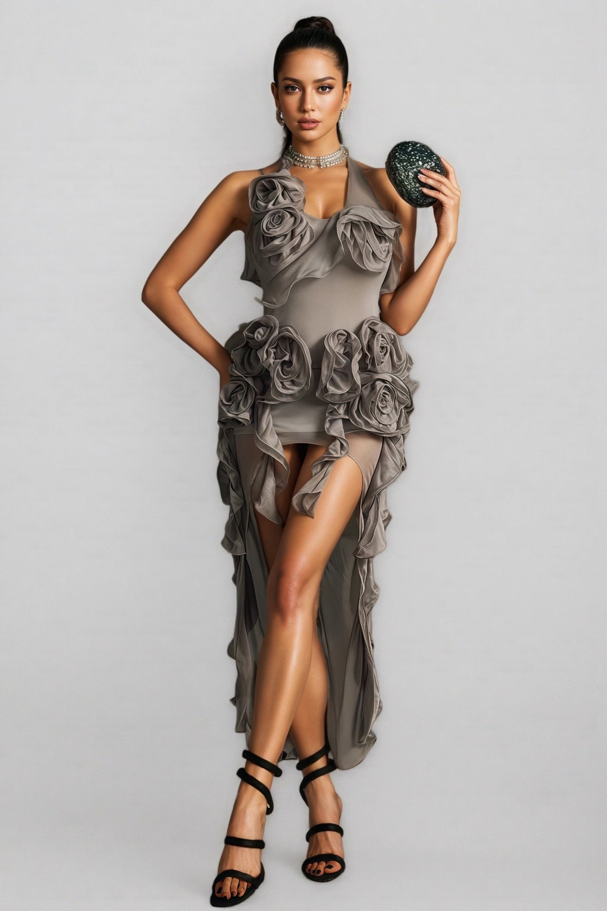 Halter Neck Rosette Ruffle Sheer Mesh High Low Mini Dress - View 3