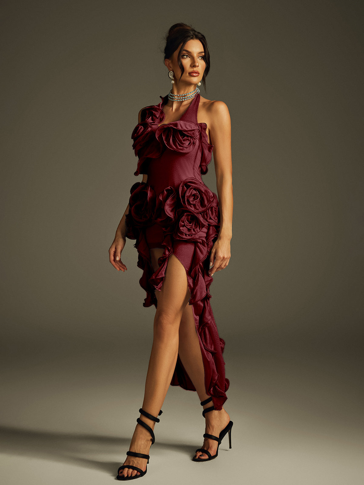 Halter Neck Rosette Ruffle High Low Bodycon Midi Dress - View 5