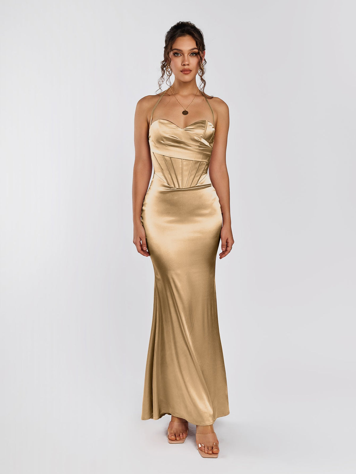 Satin Halter Neck Corset Backless Mermaid Maxi Dress - View 2