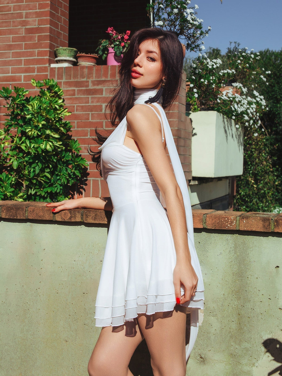 Mesh Halter Neck Ruched Fit and Flare Mini Dress - View 4