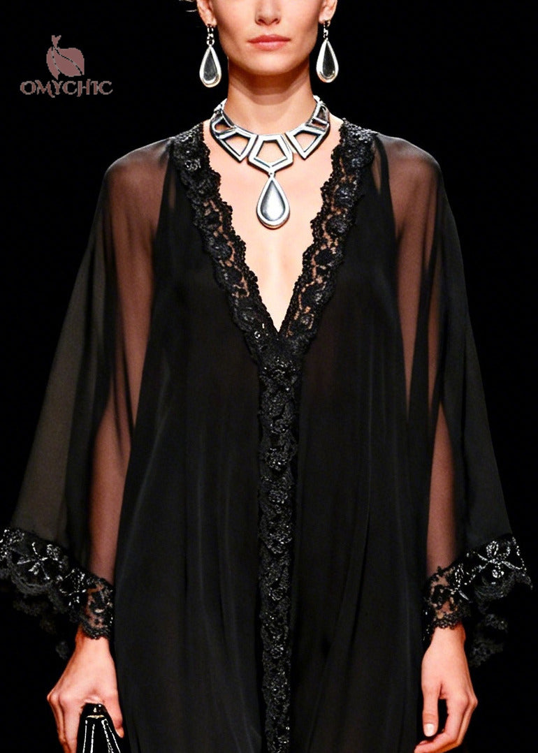 Sheer Chiffon Deep V-Neck Lace Trim Kimono Sleeve Kaftan Maxi Gown - View 2