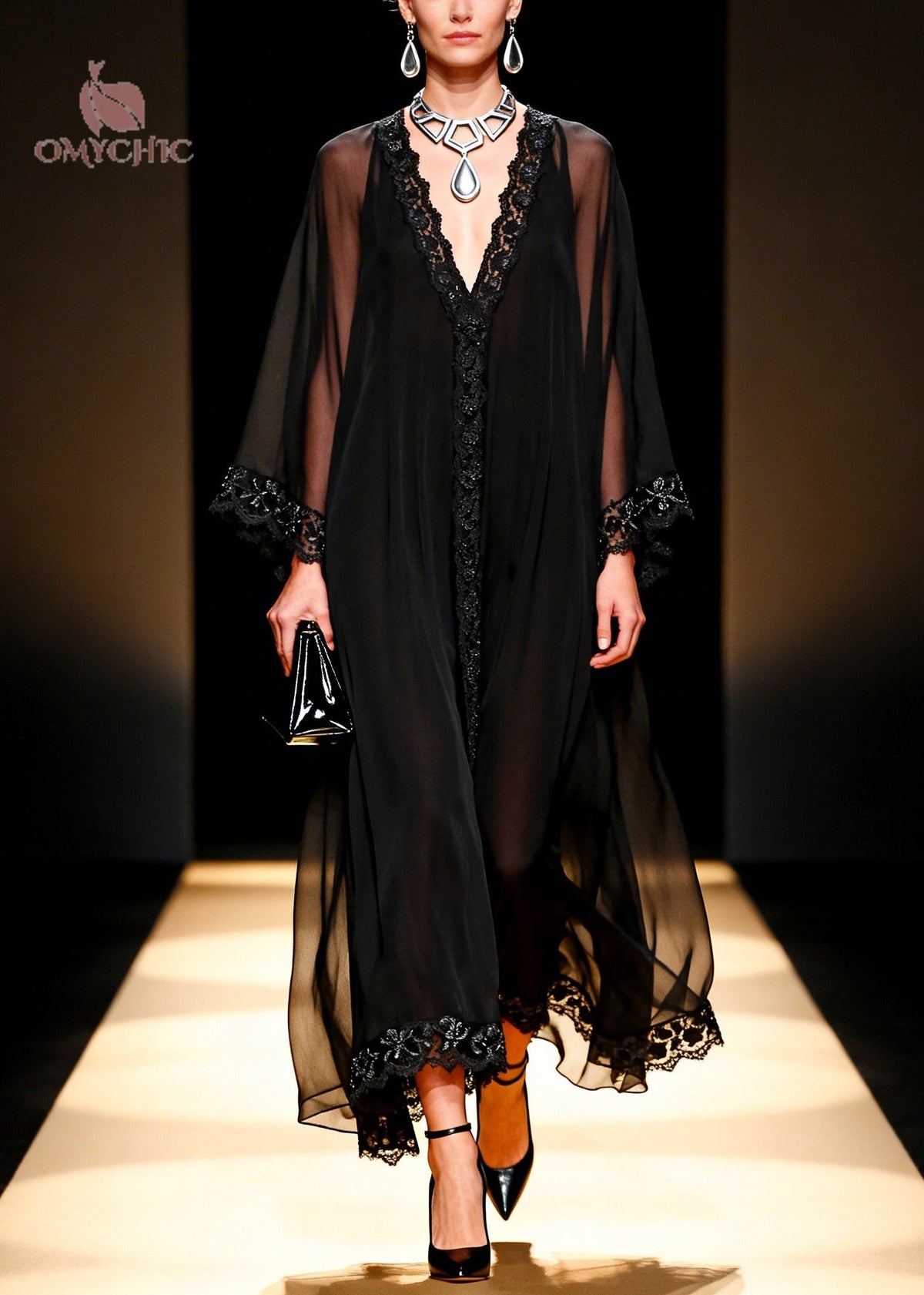 Sheer Chiffon Deep V-Neck Lace Trim Kimono Sleeve Kaftan Maxi Gown - View 5