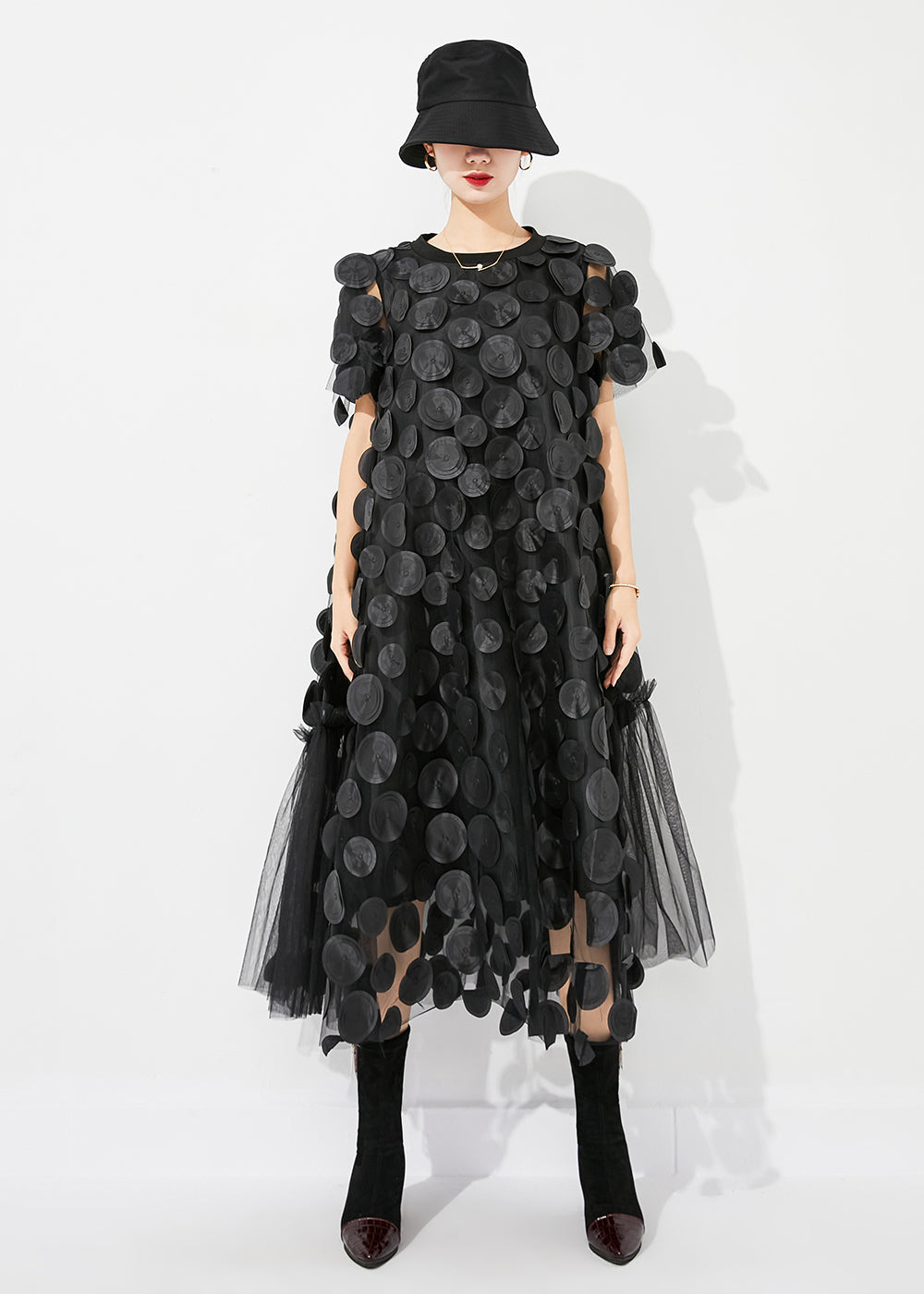 Mesh Circle Disc Appliqué High Neck Cap Sleeve A-Line Midi Dress - View 3