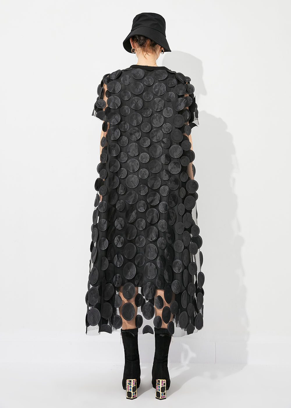 Mesh Circle Disc Appliqué High Neck Cap Sleeve A-Line Midi Dress - View 5