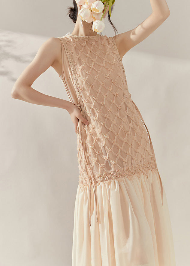 Mesh Rosette Applique Round Neck Lace Trim Drop Waist Maxi Dress - View 3