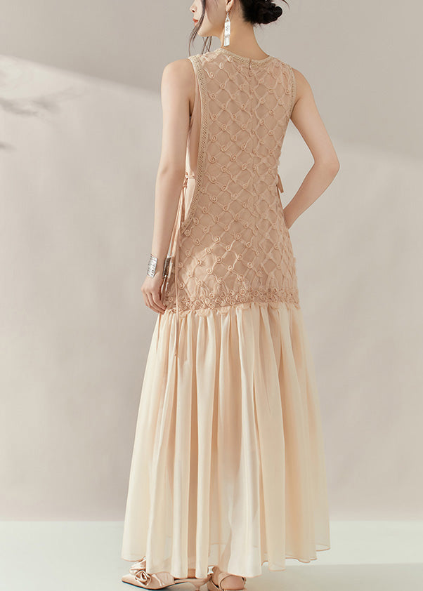Mesh Rosette Applique Round Neck Lace Trim Drop Waist Maxi Dress - View 5