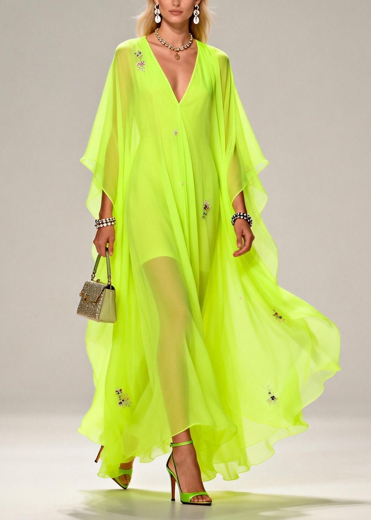 Sequin Floral Scatter Deep V-Neck Cape Sleeve Sheer Kaftan Maxi Gown - View 3
