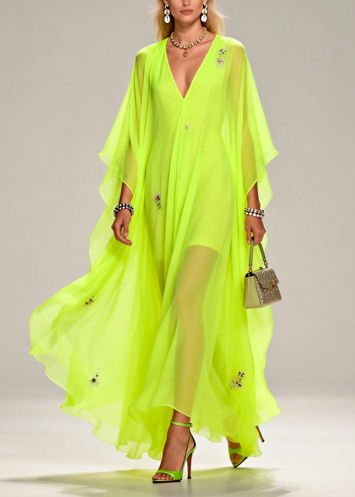 Sequin Floral Scatter Deep V-Neck Cape Sleeve Sheer Kaftan Maxi Gown - View 5