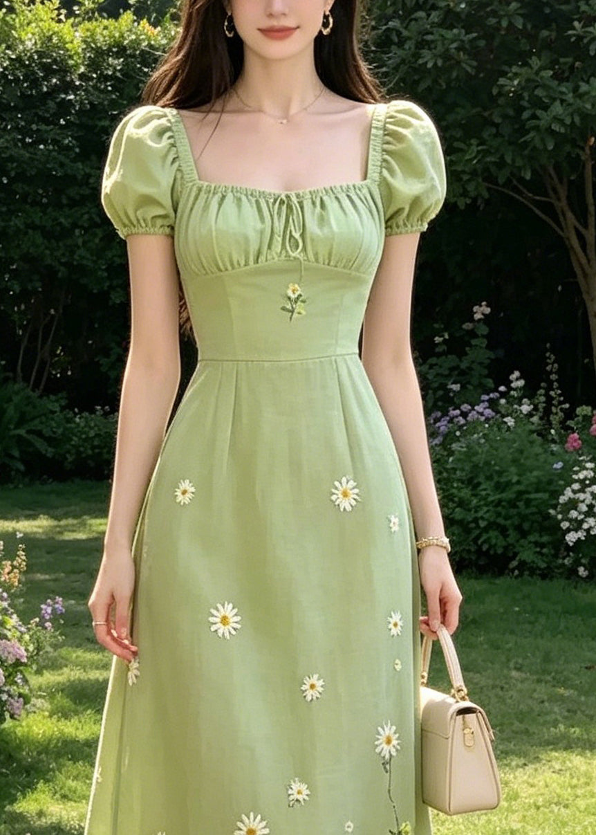Handmade Green Square Collar Tie Lace Embroidered Floral Long Dresses Puff Sleeve - View 2