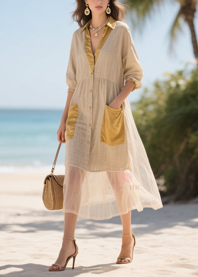 Collar V-Neck Button Front Puff Sleeve Patch Pocket Shirt Dress