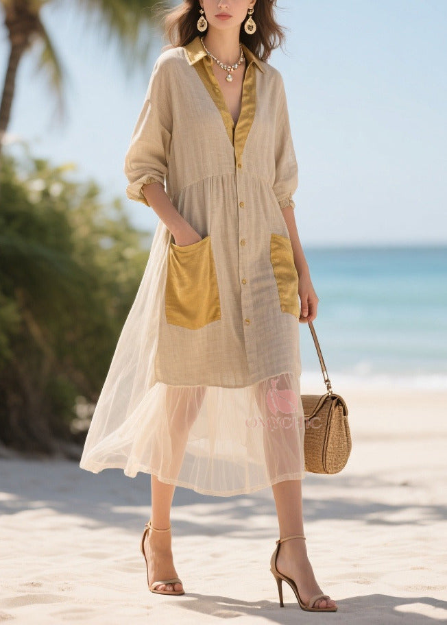 Collar V-Neck Button Front Puff Sleeve Patch Pocket Shirt Dress - View 3