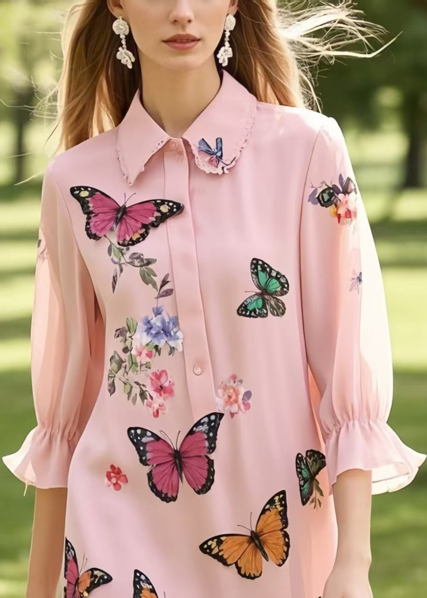 Butterfly Print Collar Button Front Ruffle Sleeve Midi Dress - View 2