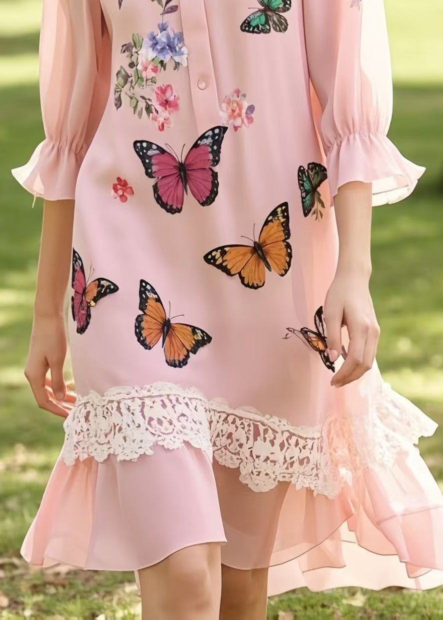 Butterfly Print Collar Button Front Ruffle Sleeve Midi Dress - View 4