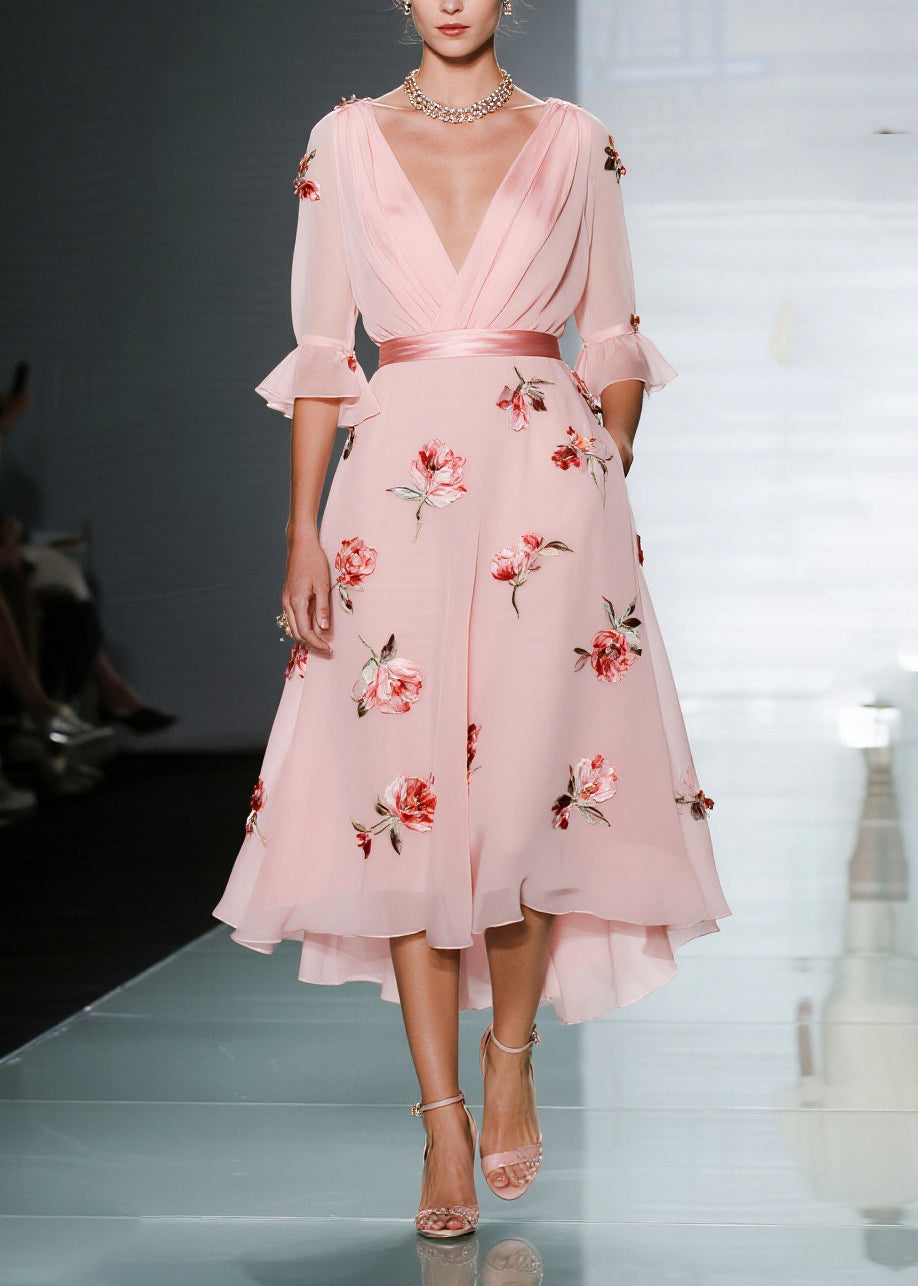 V-Neck Chiffon Floral Bell Sleeve Midi Dress - View 3