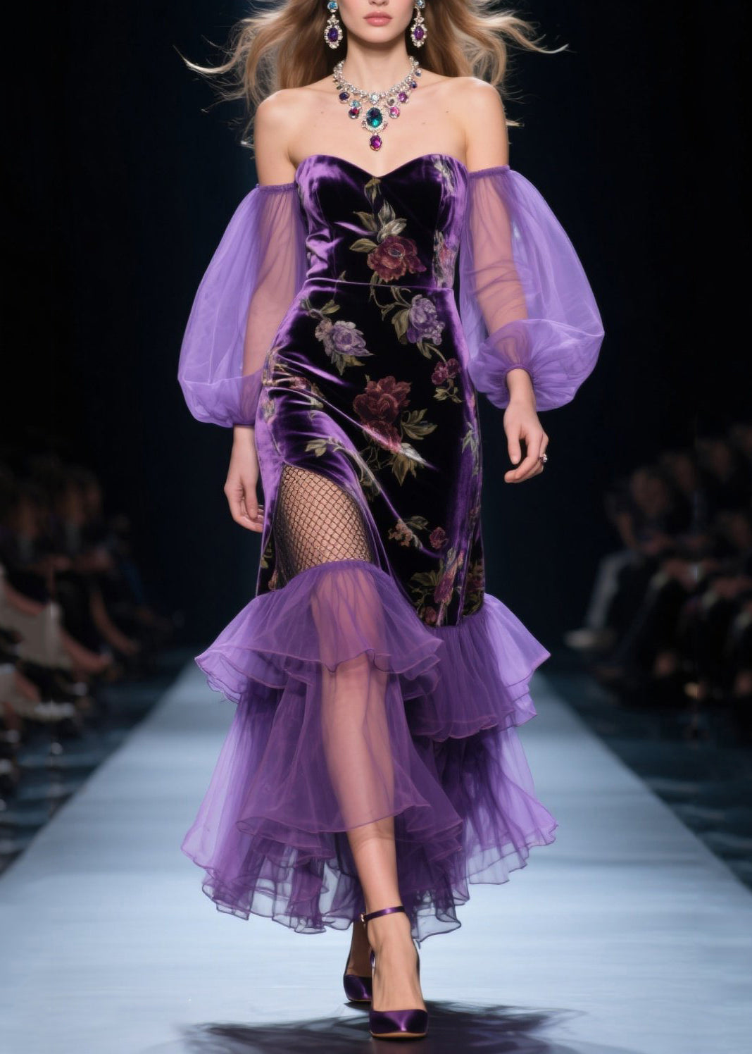 Velvet Off Shoulder Tulle Puff Sleeve Tiered Ruffle Maxi Gown - View 3