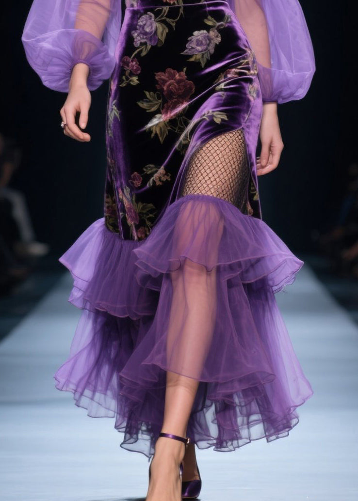 Velvet Off Shoulder Tulle Puff Sleeve Tiered Ruffle Maxi Gown - View 4