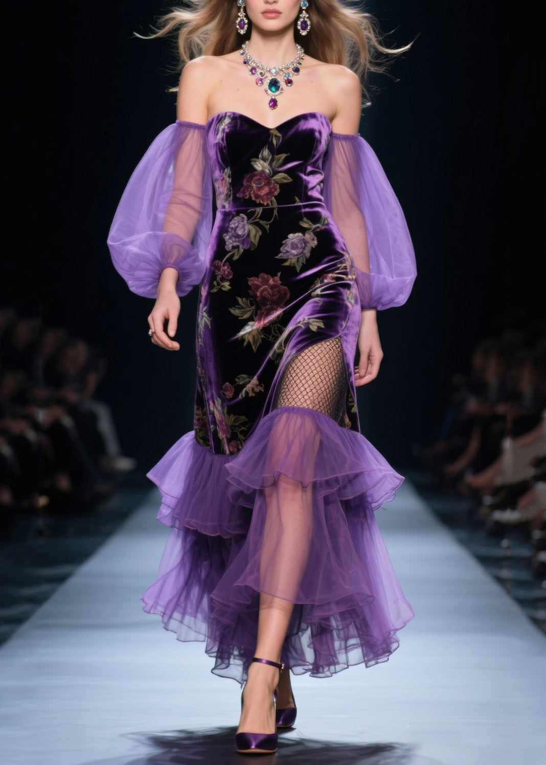 Velvet Off Shoulder Tulle Puff Sleeve Tiered Ruffle Maxi Gown - View 5