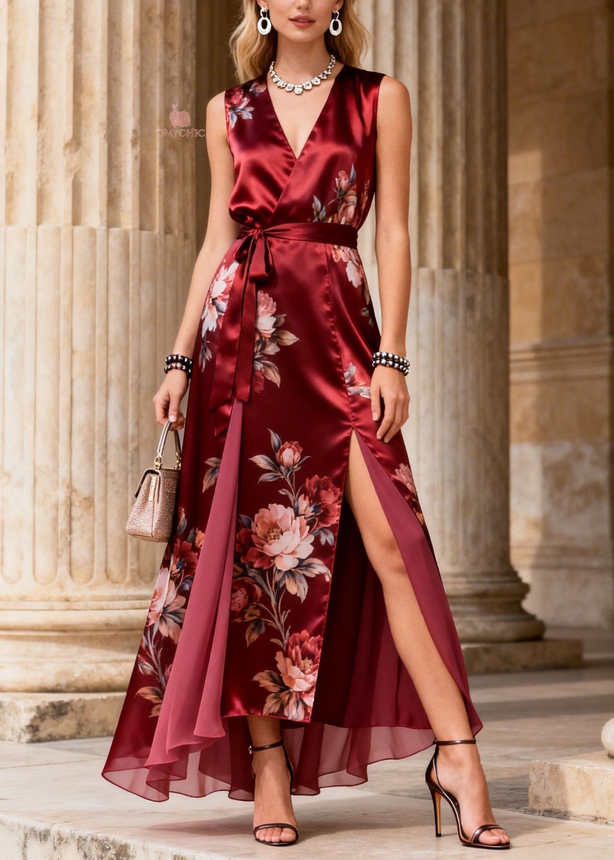 Floral Print Sleeveless Wrap Tie Waist Double High Split Layered Chiffon Maxi Gown - View 3