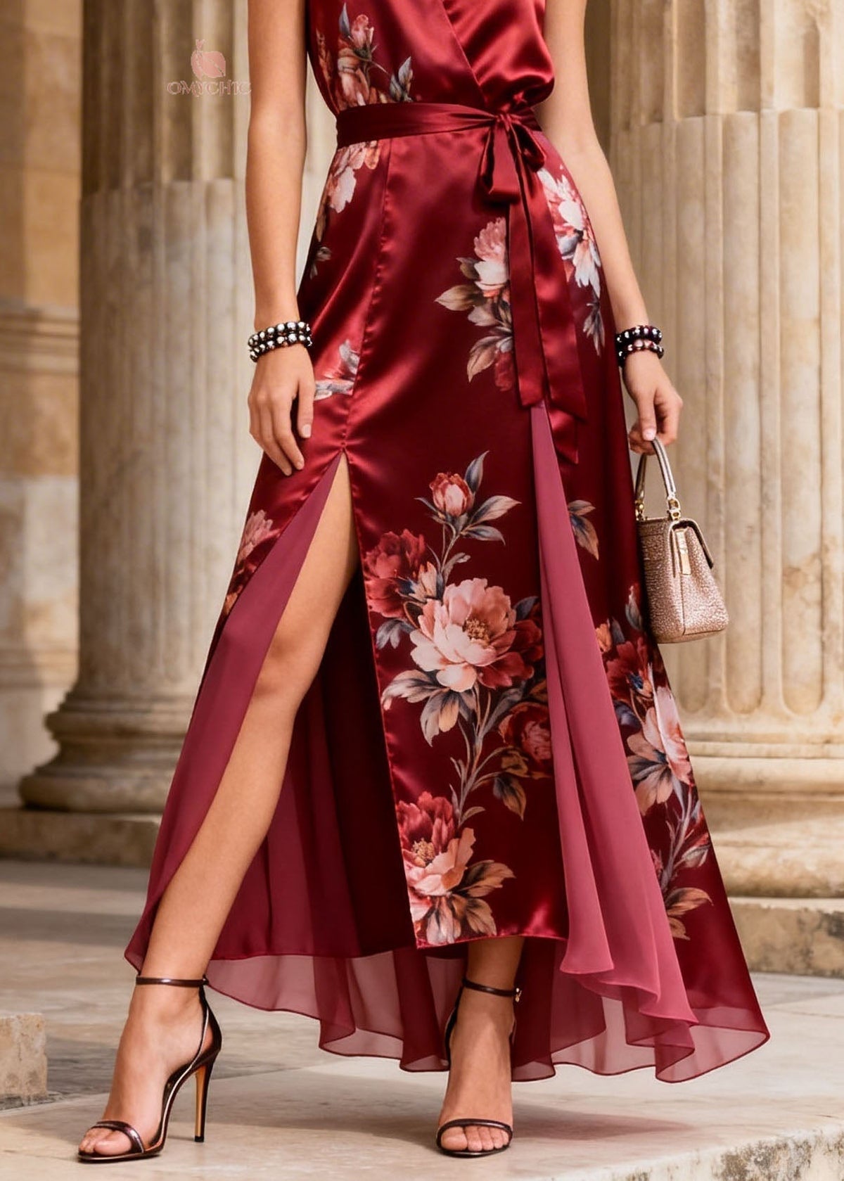 Floral Print Sleeveless Wrap Tie Waist Double High Split Layered Chiffon Maxi Gown - View 4