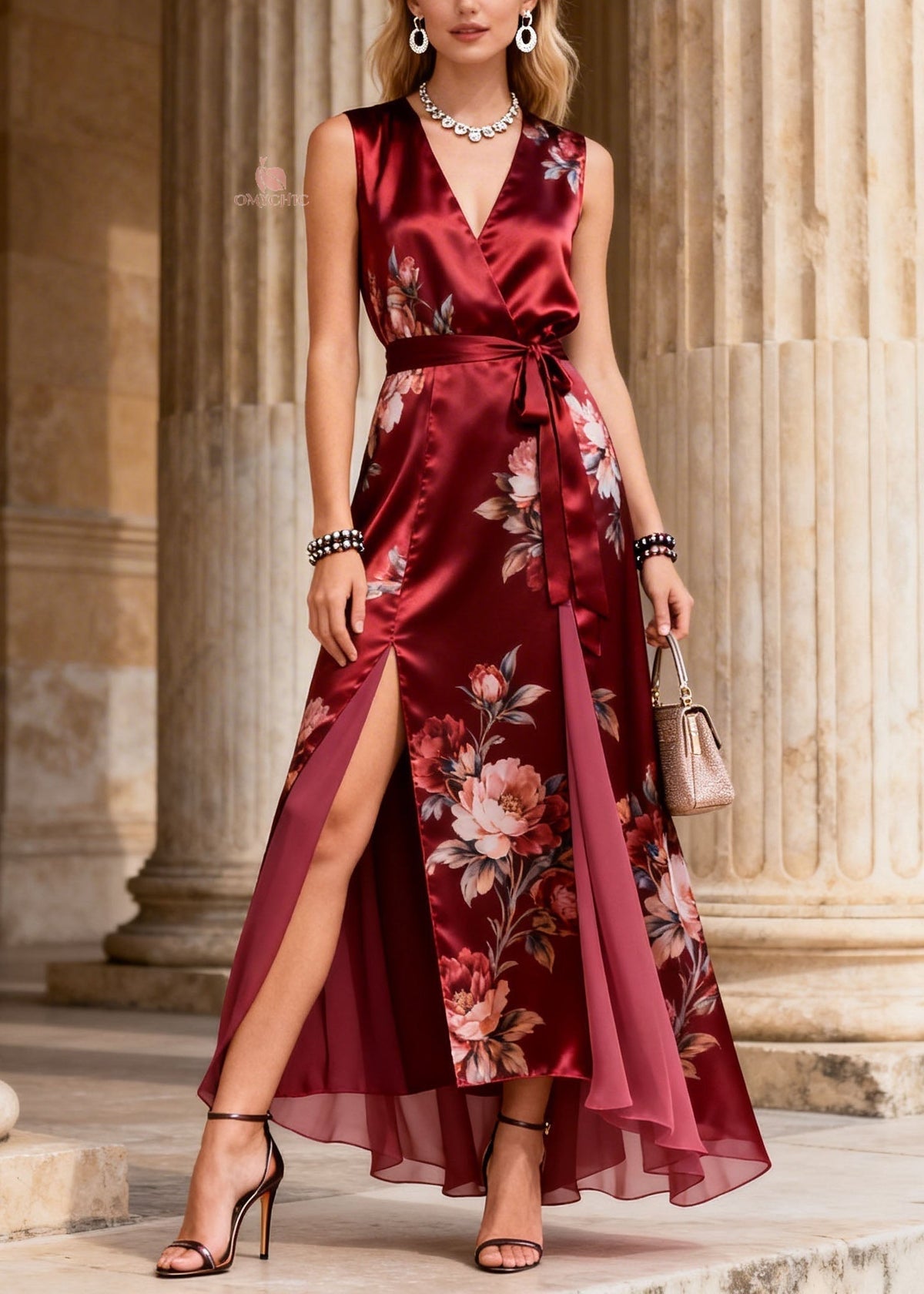 Floral Print Sleeveless Wrap Tie Waist Double High Split Layered Chiffon Maxi Gown - View 5