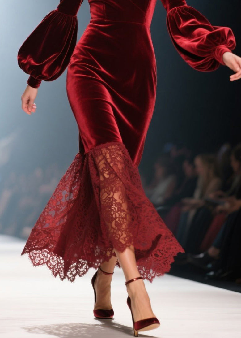 Velvet Lace Trumpet Skirt Wrap V-Neck Lantern Sleeve Midi Dress - View 4