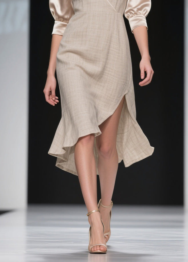 Wrap Deep V-Neck Puff Sleeve Side Slit Satin Cuff Midi Dress - View 4