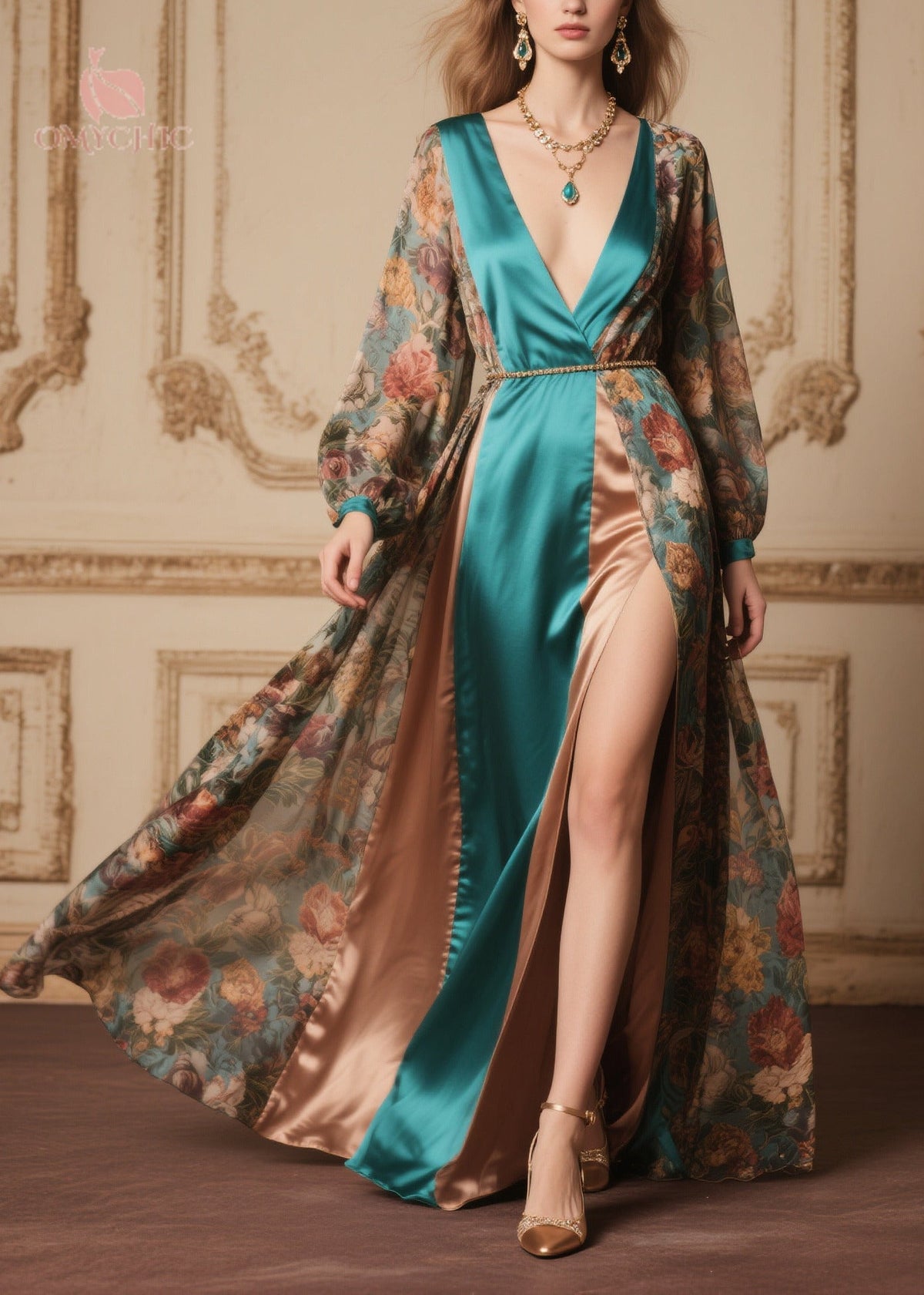 Floral Print Chiffon Deep V-Neck Wrap Long Sleeve Satin Maxi Gown