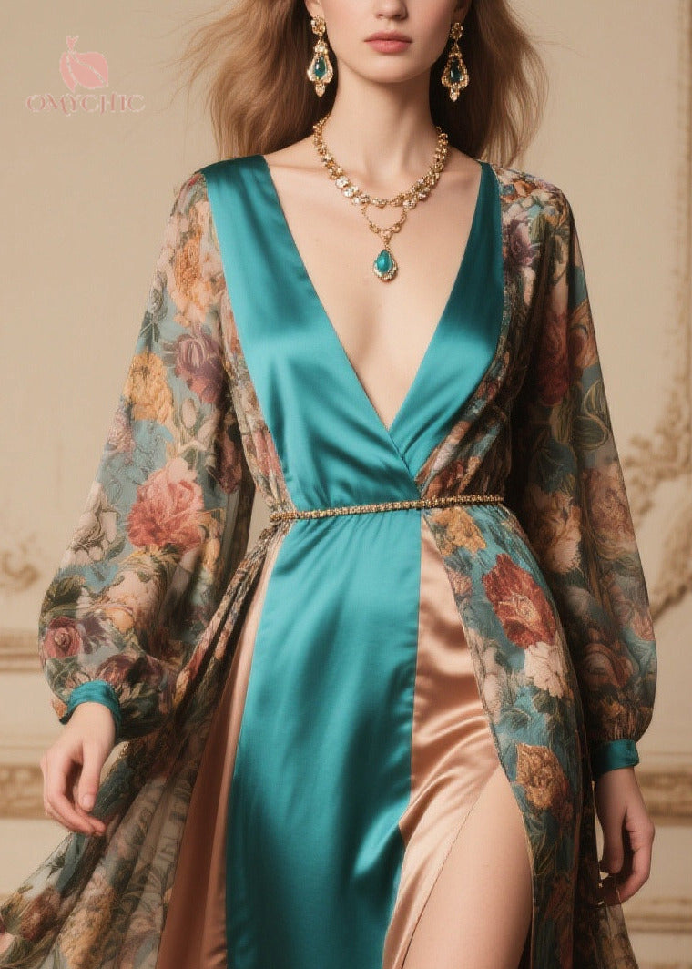 Floral Print Chiffon Deep V-Neck Wrap Long Sleeve Satin Maxi Gown - View 2