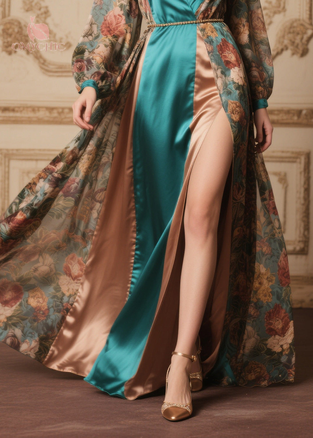 Floral Print Chiffon Deep V-Neck Wrap Long Sleeve Satin Maxi Gown - View 4