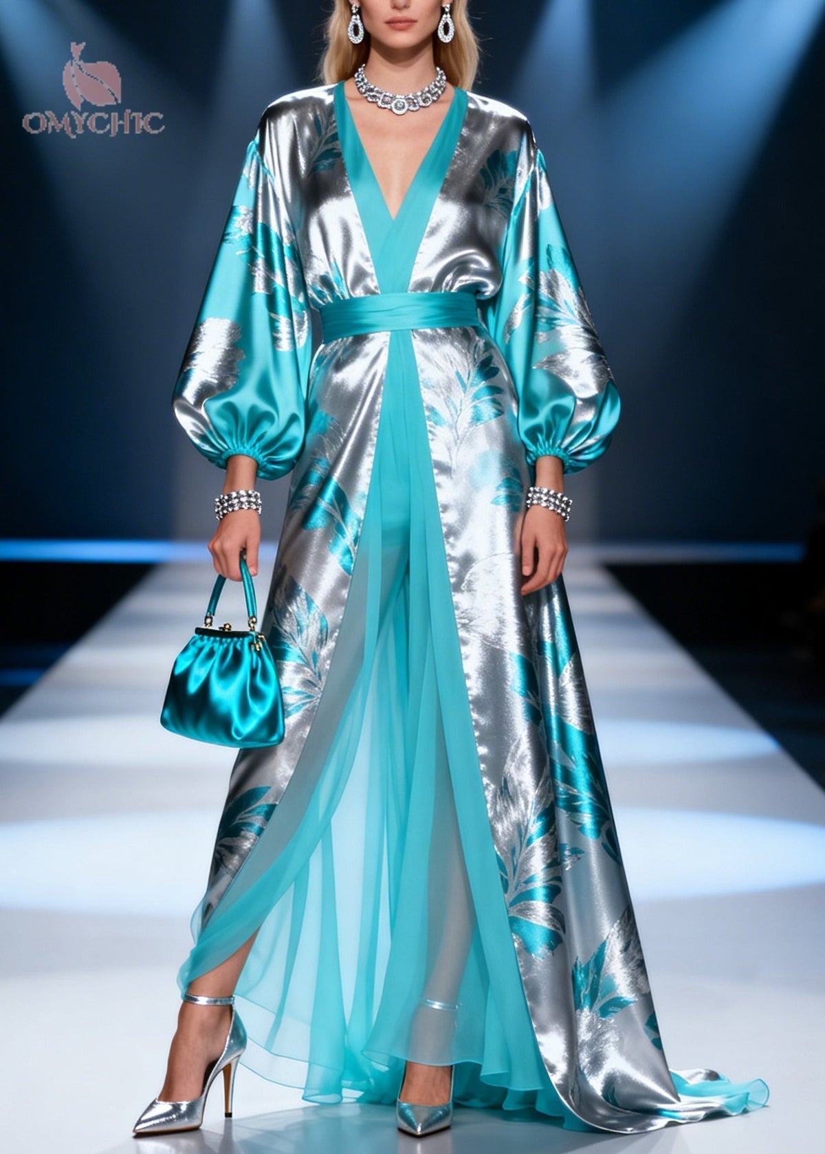 Metallic Leaf Jacquard Bishop Sleeve Open Front Sheer Maxi Gown