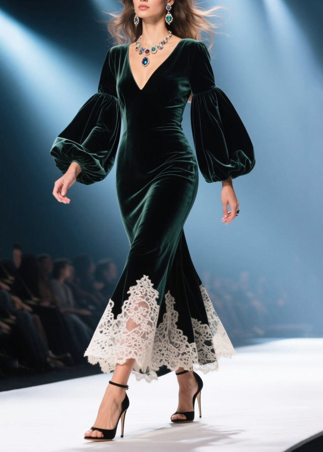 Velvet Deep V-Neck Bishop Sleeve Lace Trim Trumpet Maxi Gown - View 3