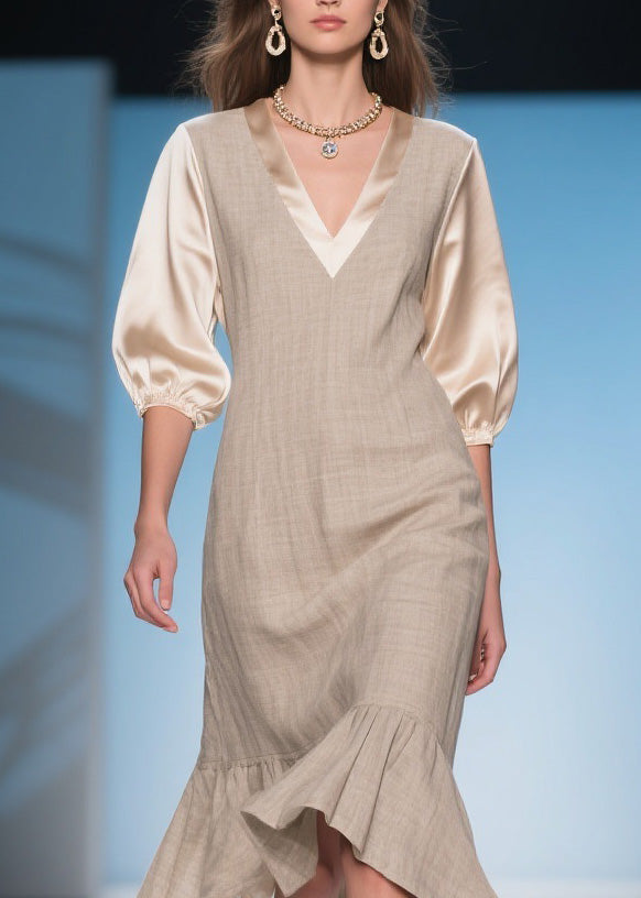 Deep V-Neck Bishop Sleeve Satin Trim Asymmetrical Midi Dress - View 2