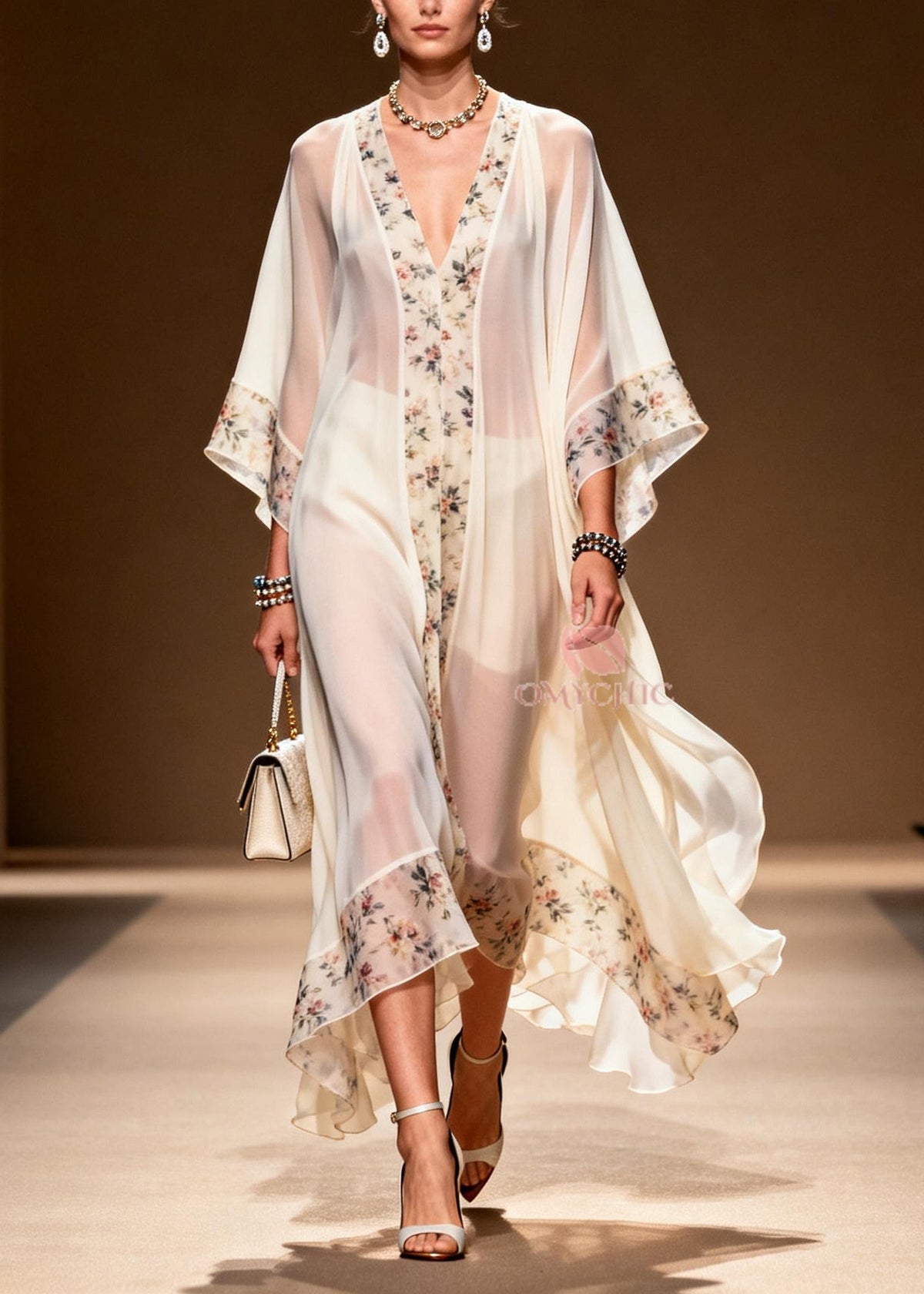 Sheer Chiffon Floral Border Deep V-Neck Sleeve Tiered Maxi Gown - View 3