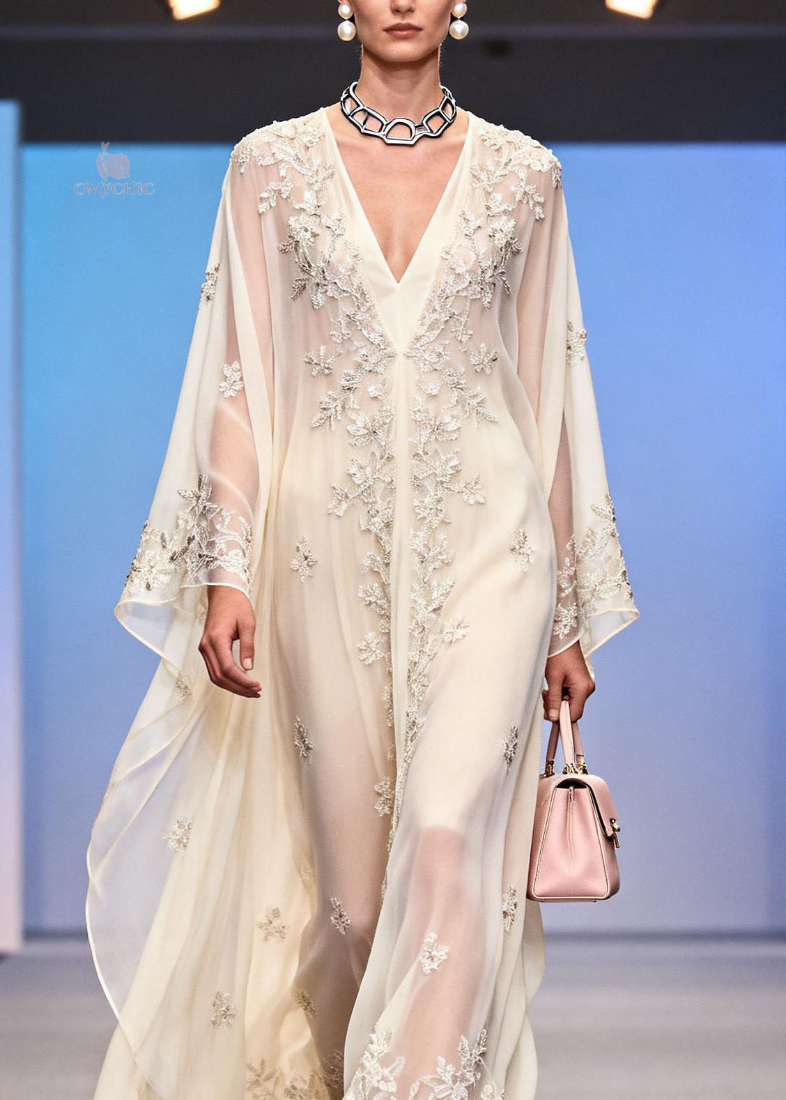 Chiffon Sequin Floral Embroidery Deep V-Neck Kaftan Sleeve Maxi Gown - View 2