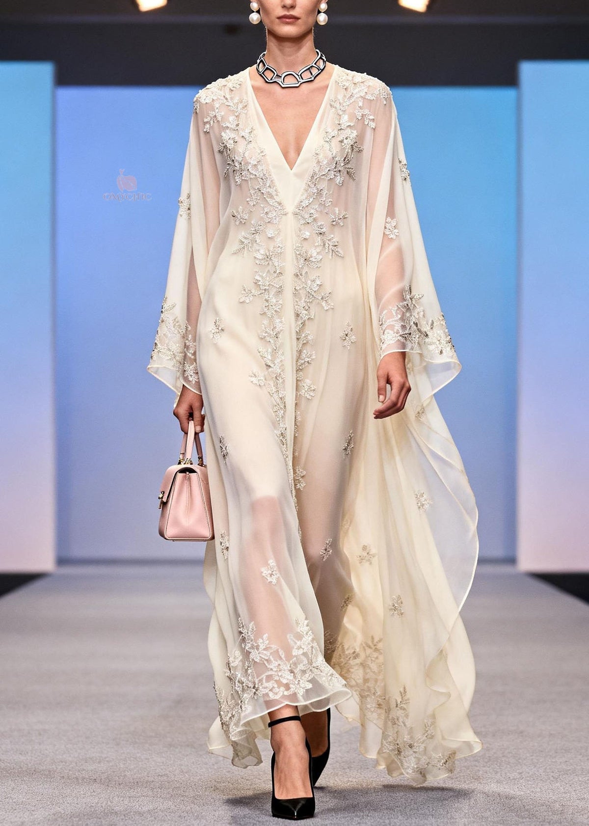 Chiffon Sequin Floral Embroidery Deep V-Neck Kaftan Sleeve Maxi Gown - View 3