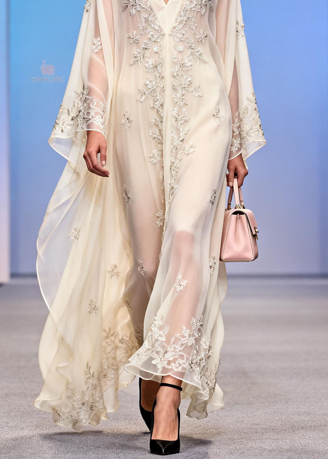 Chiffon Sequin Floral Embroidery Deep V-Neck Kaftan Sleeve Maxi Gown - View 4