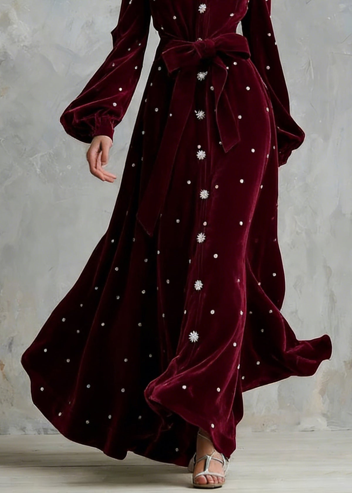 Handmade Wine Red Zircon Tie Waist Silk Velvet Maxi Dresses - View 4
