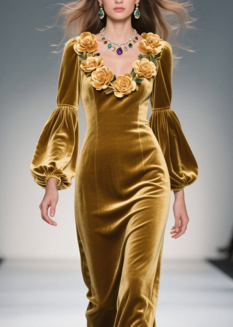 Velvet Rosette V-Neck Bishop Sleeve Column Maxi Gown - View 2