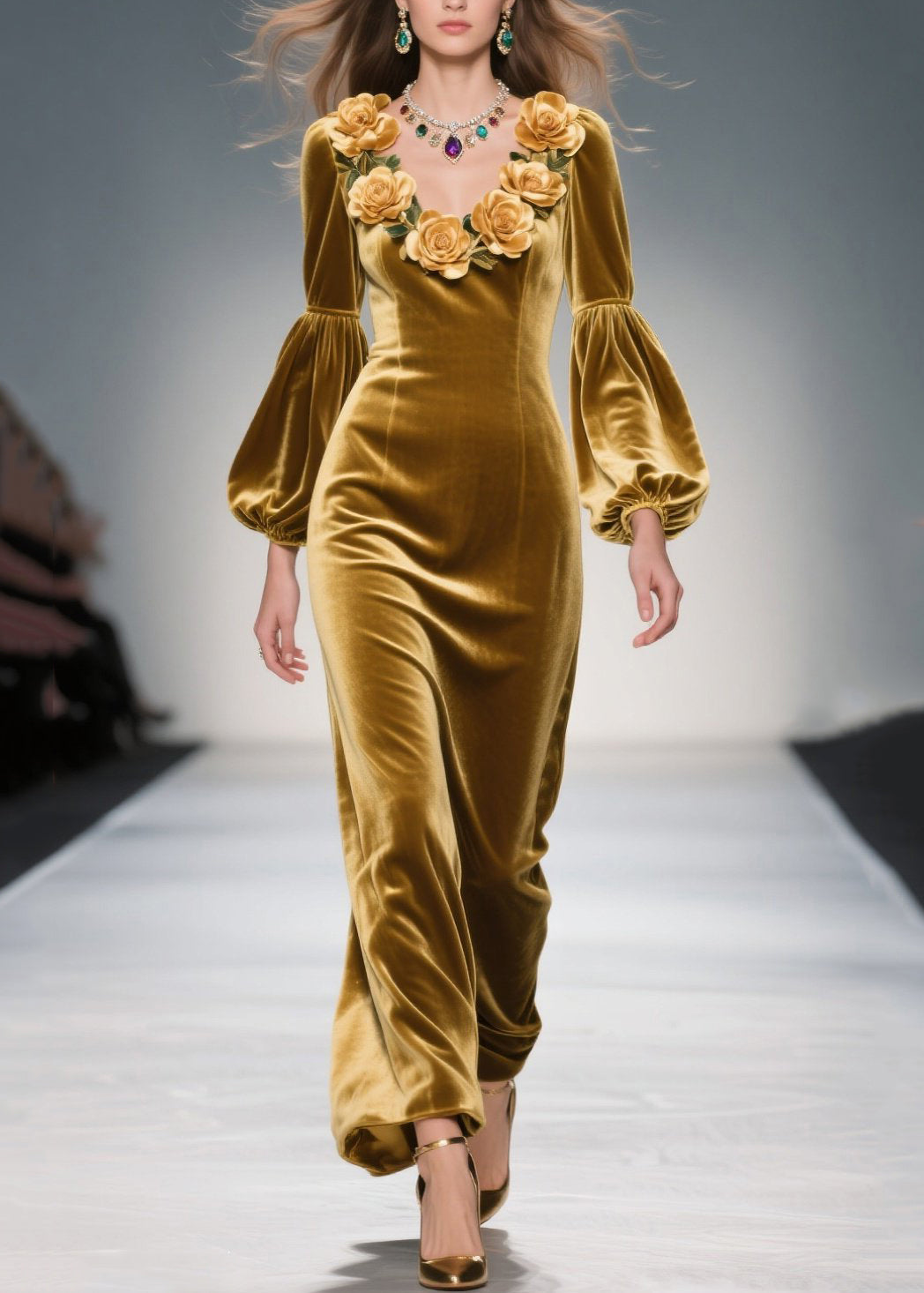 Velvet Rosette V-Neck Bishop Sleeve Column Maxi Gown - View 3