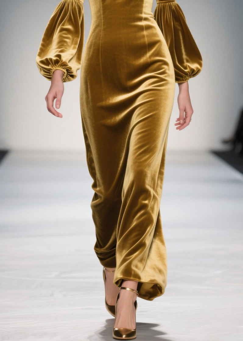 Velvet Rosette V-Neck Bishop Sleeve Column Maxi Gown - View 4