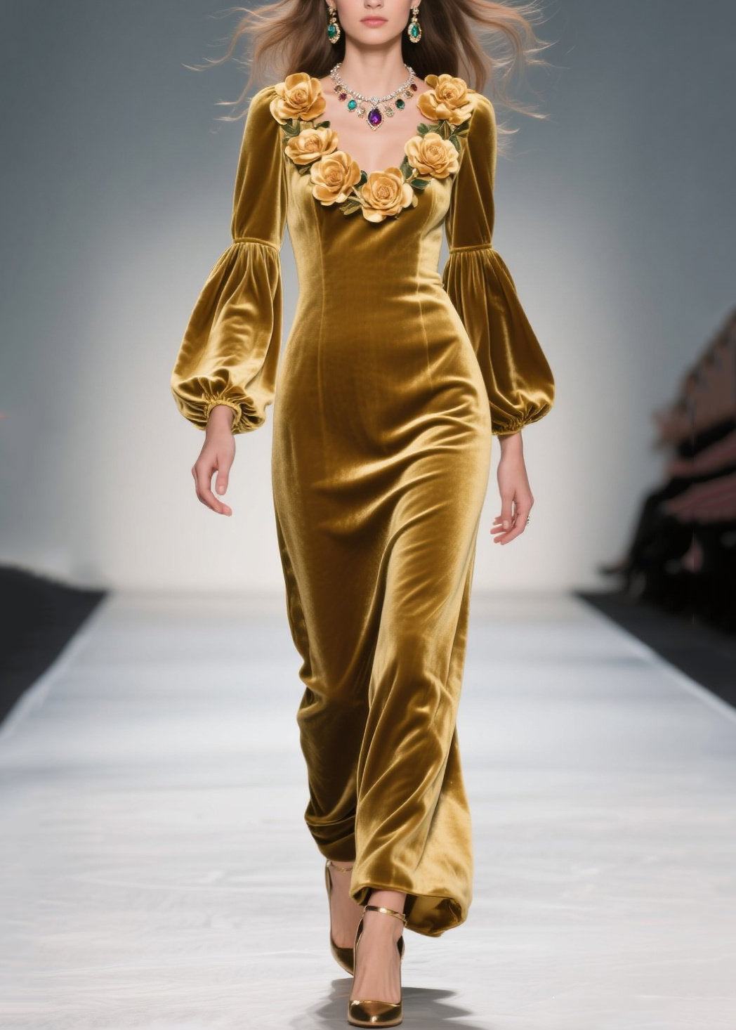 Velvet Rosette V-Neck Bishop Sleeve Column Maxi Gown - View 5