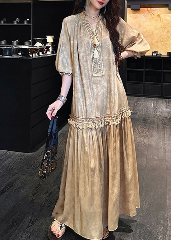 Embroidered Lace Up Tassel Trim Tiered Boho Maxi Dress