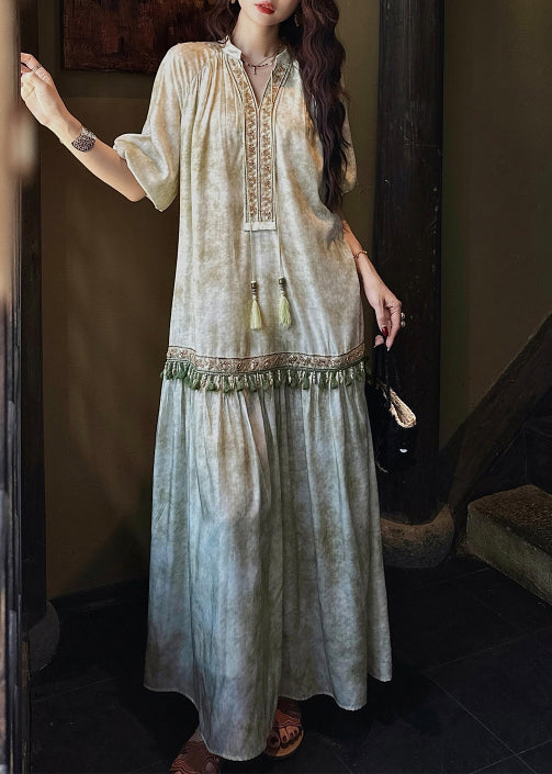 Embroidered Lace Up Tassel Trim Tiered Boho Maxi Dress - View 2