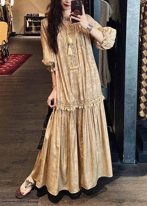 Embroidered Lace Up Tassel Trim Tiered Boho Maxi Dress - View 3
