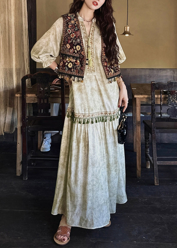 Embroidered Lace Up Tassel Trim Tiered Boho Maxi Dress - View 4